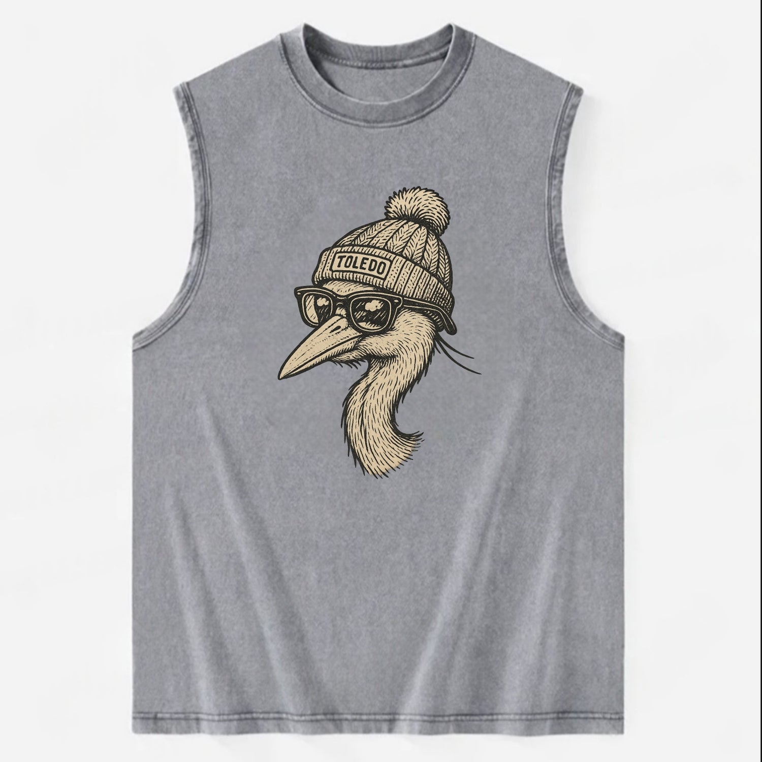 Toledo Great Blue Heron wearing Toledo beanie with pom pom and wayfarer - Vintage Washed Tank - Grey