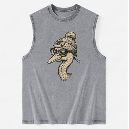 Toledo Great Blue Heron wearing Toledo beanie with pom pom and wayfarer - Vintage Washed Tank - Grey
