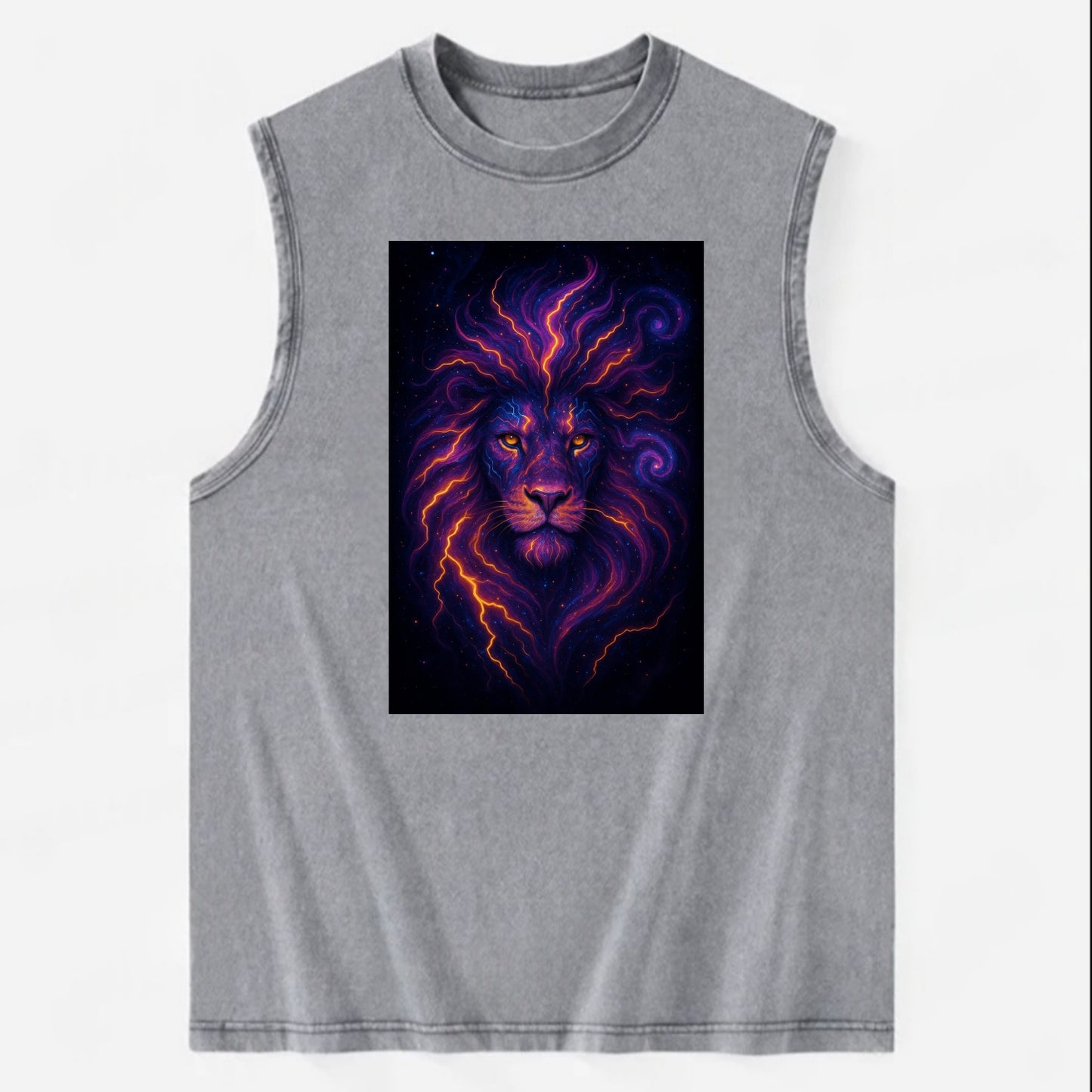 Regal lion with mane made of electric currents, neon yellow and hot pink - Vintage Washed Tank - Grey
