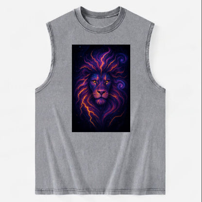 Regal lion with mane made of electric currents, neon yellow and hot pink - Vintage Washed Tank - Grey