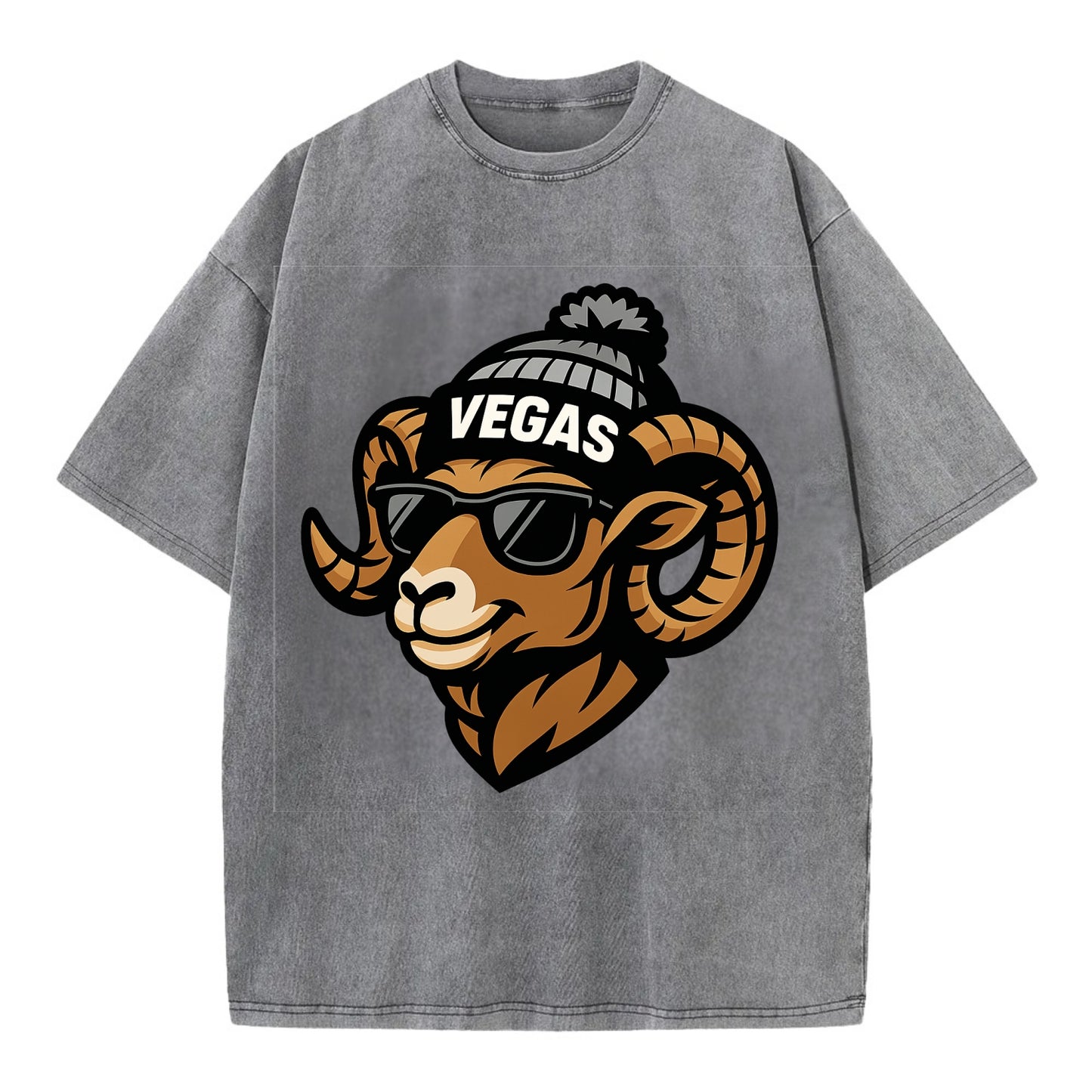 Vegas Desert Bighorn wearing Raiders silver and black beanie with pom pom and - Vintage T-shirt - Grey