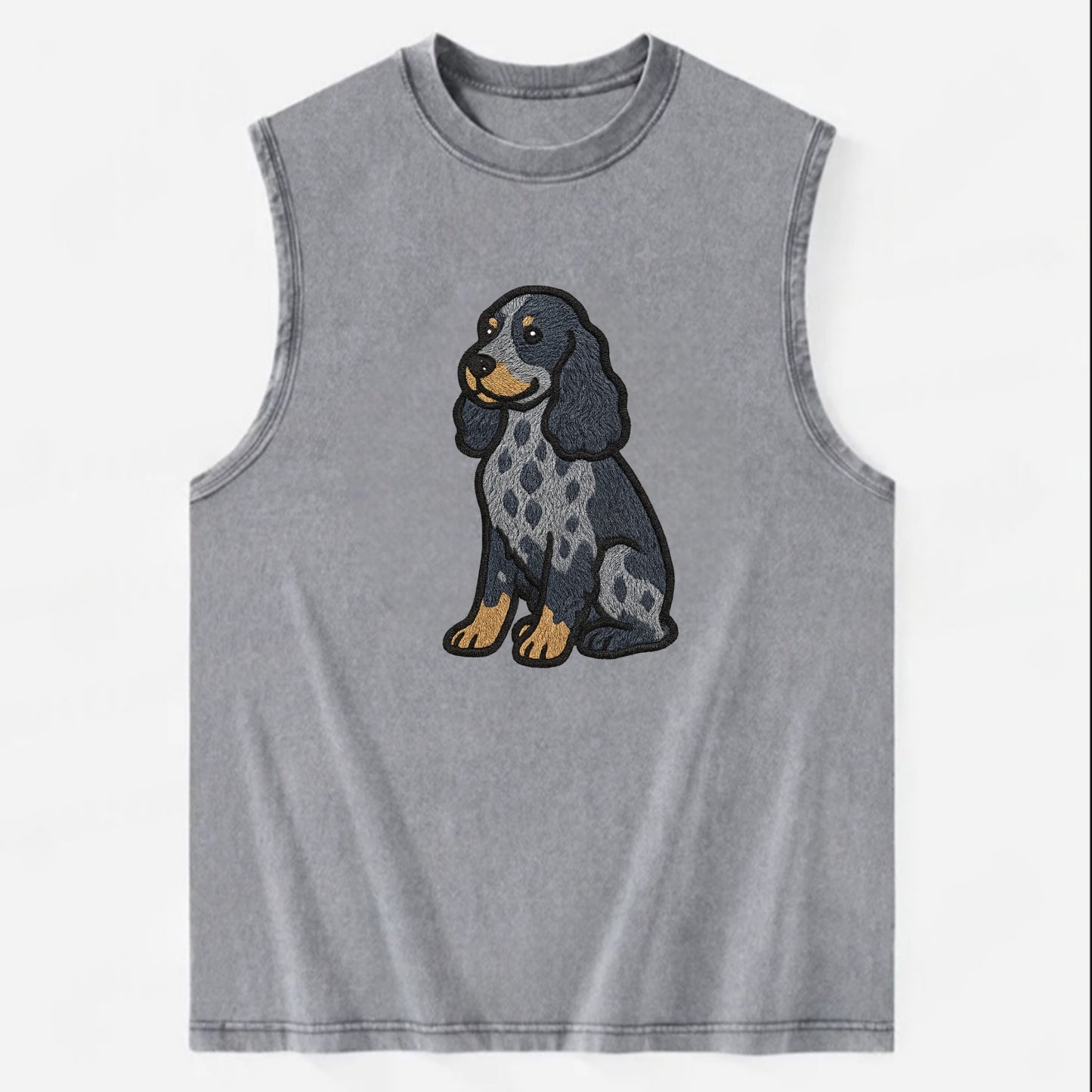 English Cocker Spaniel - Blue roan embroidered sitting pose - Vintage Washed Tank - Grey
