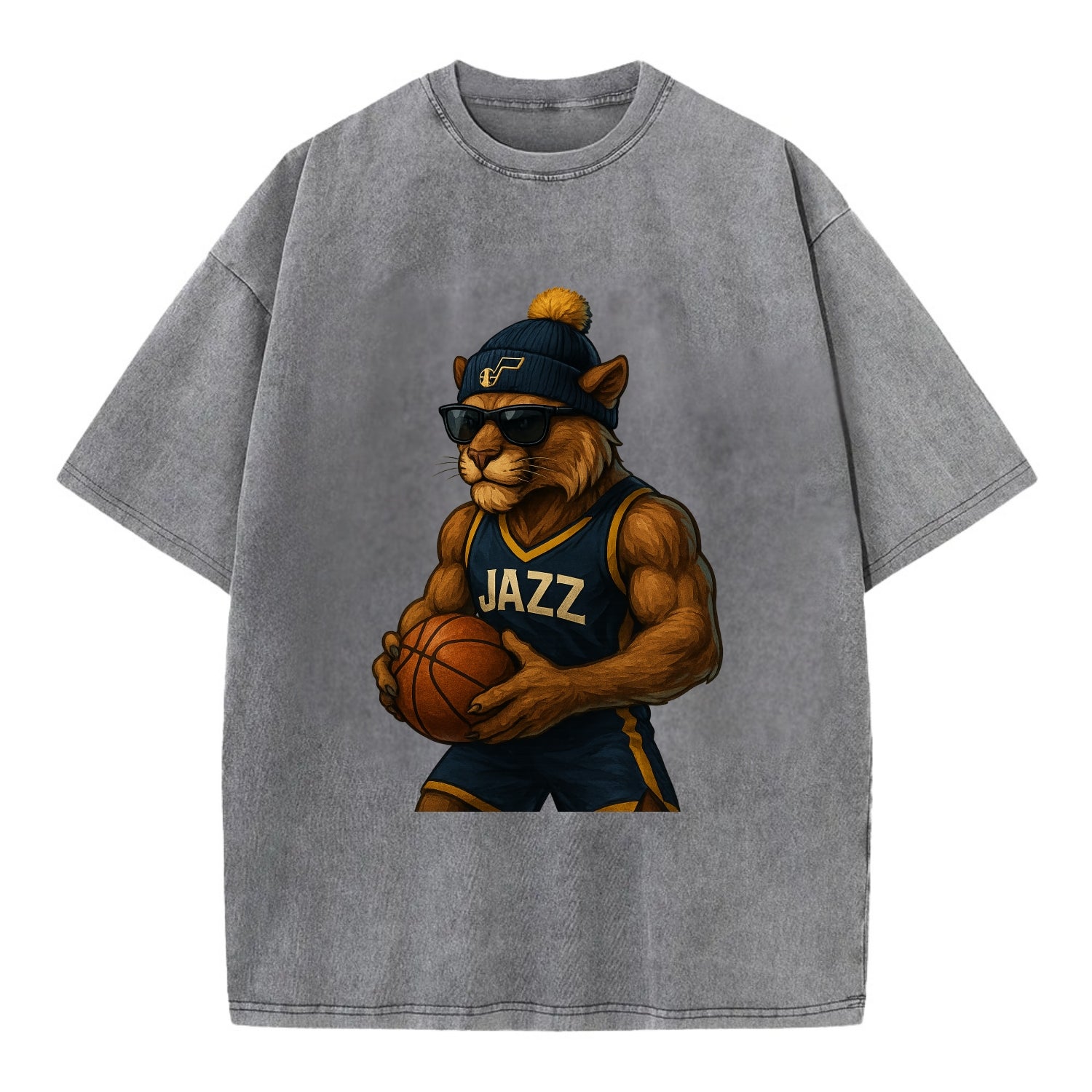 Utah Mountain Lion wearing Jazz navy and yellow beanie with music note and - Vintage T-shirt - Grey