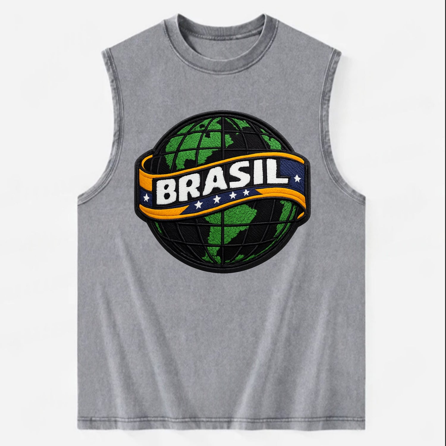 BRAZILIAN FLAG GLOBE - green globe with banner in green yellow blue , Brasil - Vintage Washed Tank - Grey