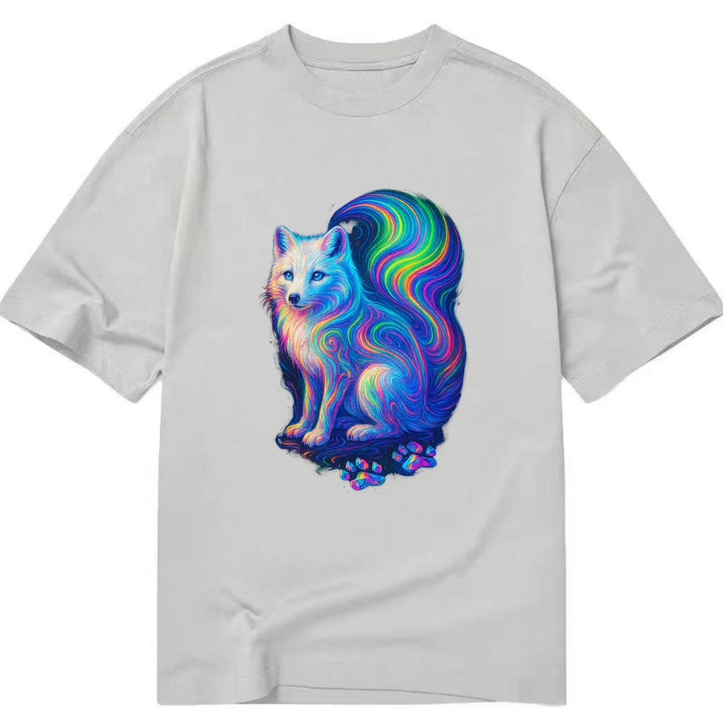 Graceful arctic fox with tail streaming aurora colors, white fur with prismatic - Classic T-shirt - Grey