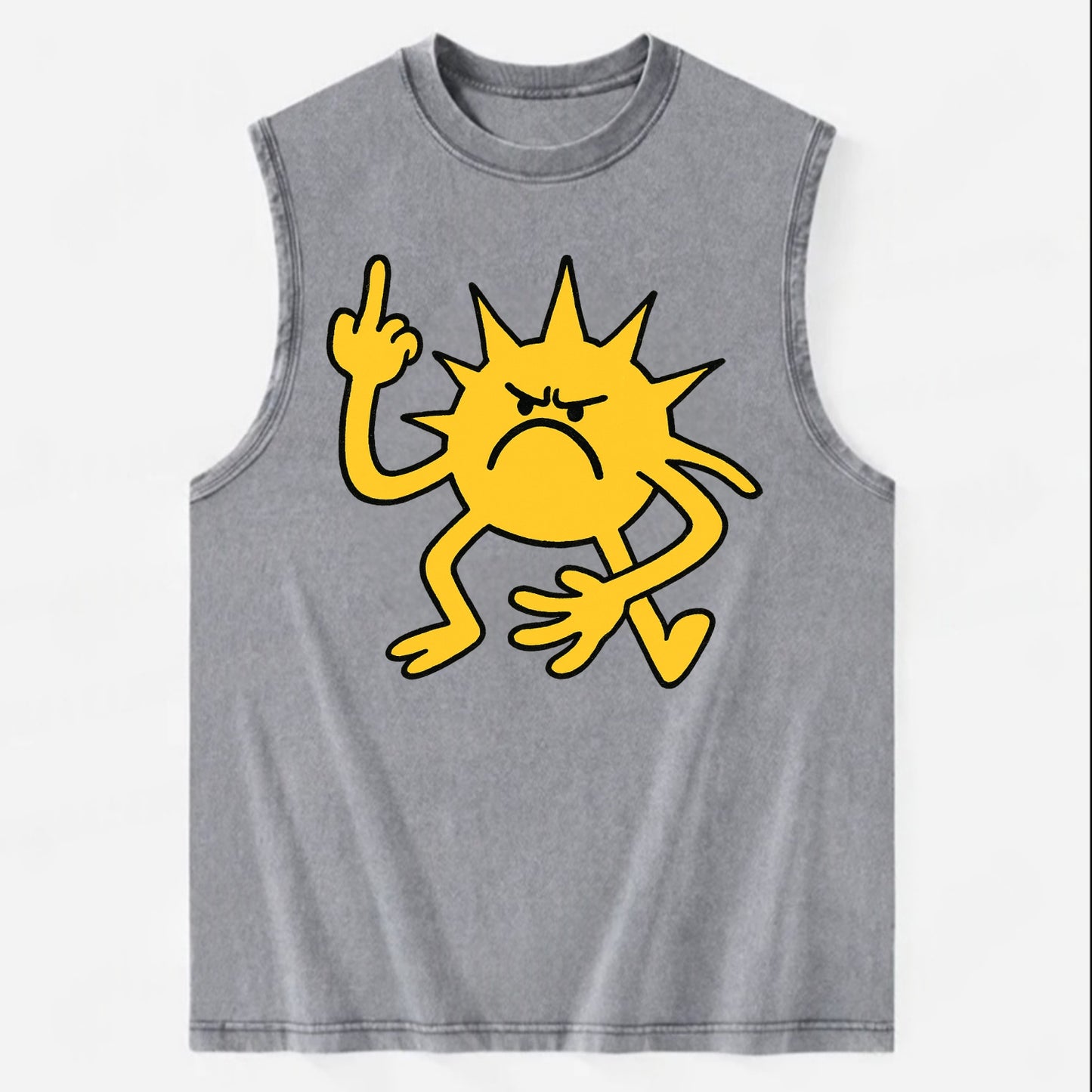 MORNINGS ARE PUNISHMENT | Grumpy sun with middle finger - Vintage Washed Tank - Grey