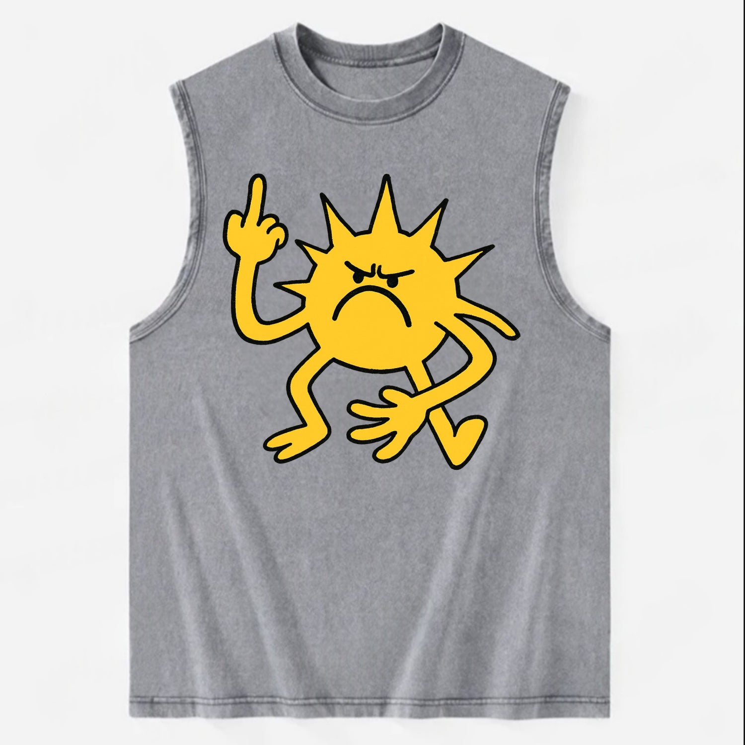 MORNINGS ARE PUNISHMENT | Grumpy sun with middle finger - Vintage Washed Tank - Grey