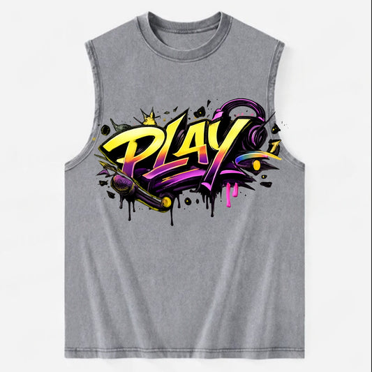 Bold typography design - "PLAY" - creative expression, musical performance - Vintage Washed Tank - Grey