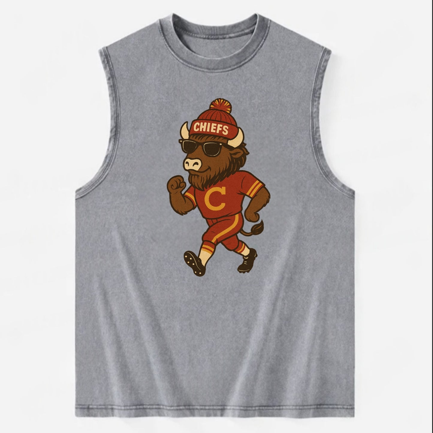 KC Bison wearing Chiefs beanie with arrowhead patch and wayfarer sunglasses - Vintage Washed Tank - Grey