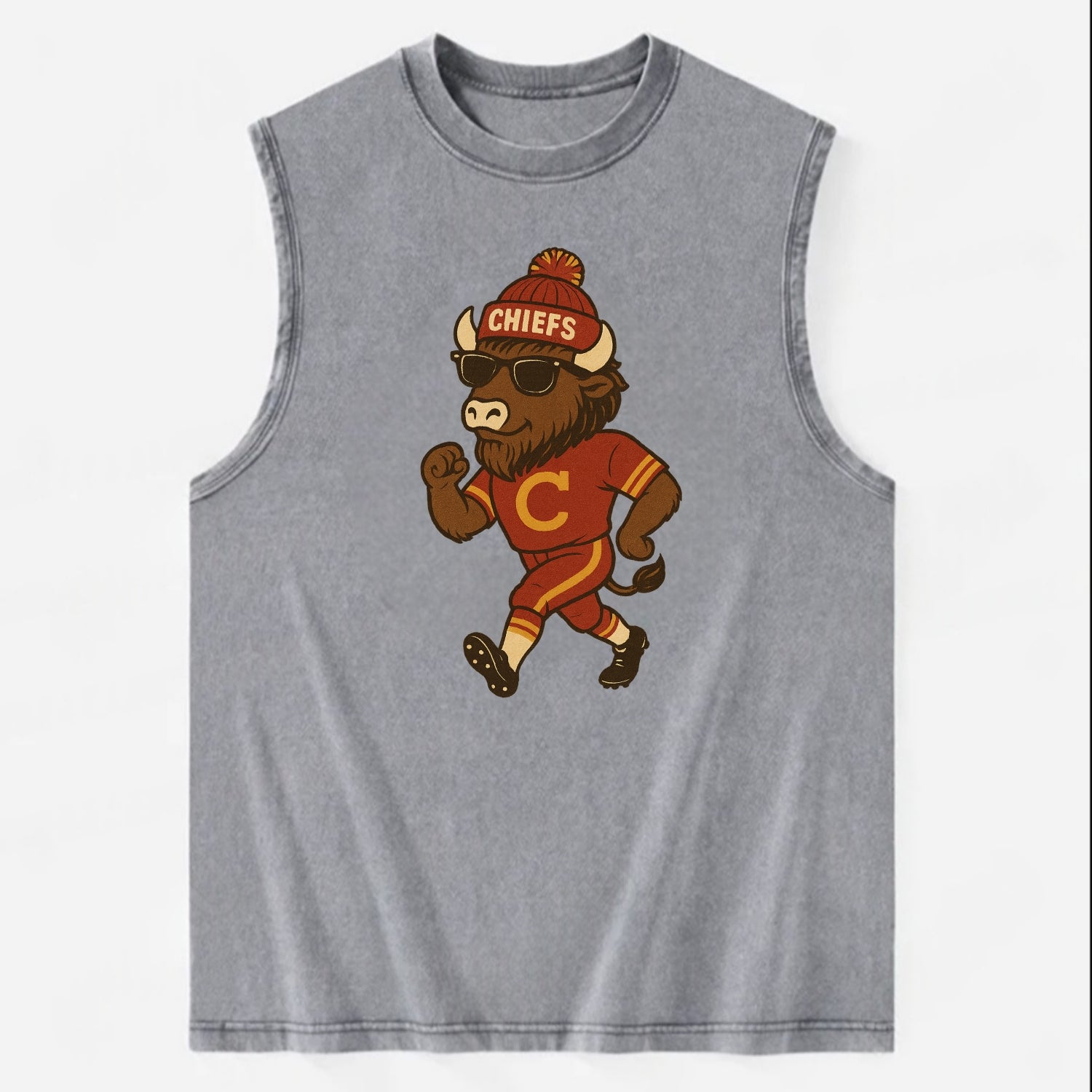 KC Bison wearing Chiefs beanie with arrowhead patch and wayfarer sunglasses - Vintage Washed Tank - Grey