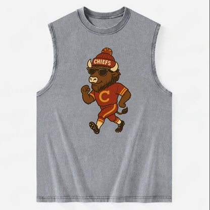 KC Bison wearing Chiefs beanie with arrowhead patch and wayfarer sunglasses - Vintage Washed Tank - Grey