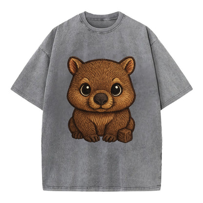 Baby Wombat - brown fur, square nose, small ears, dark eyes, front-facing, cube - Vintage T-shirt - Grey