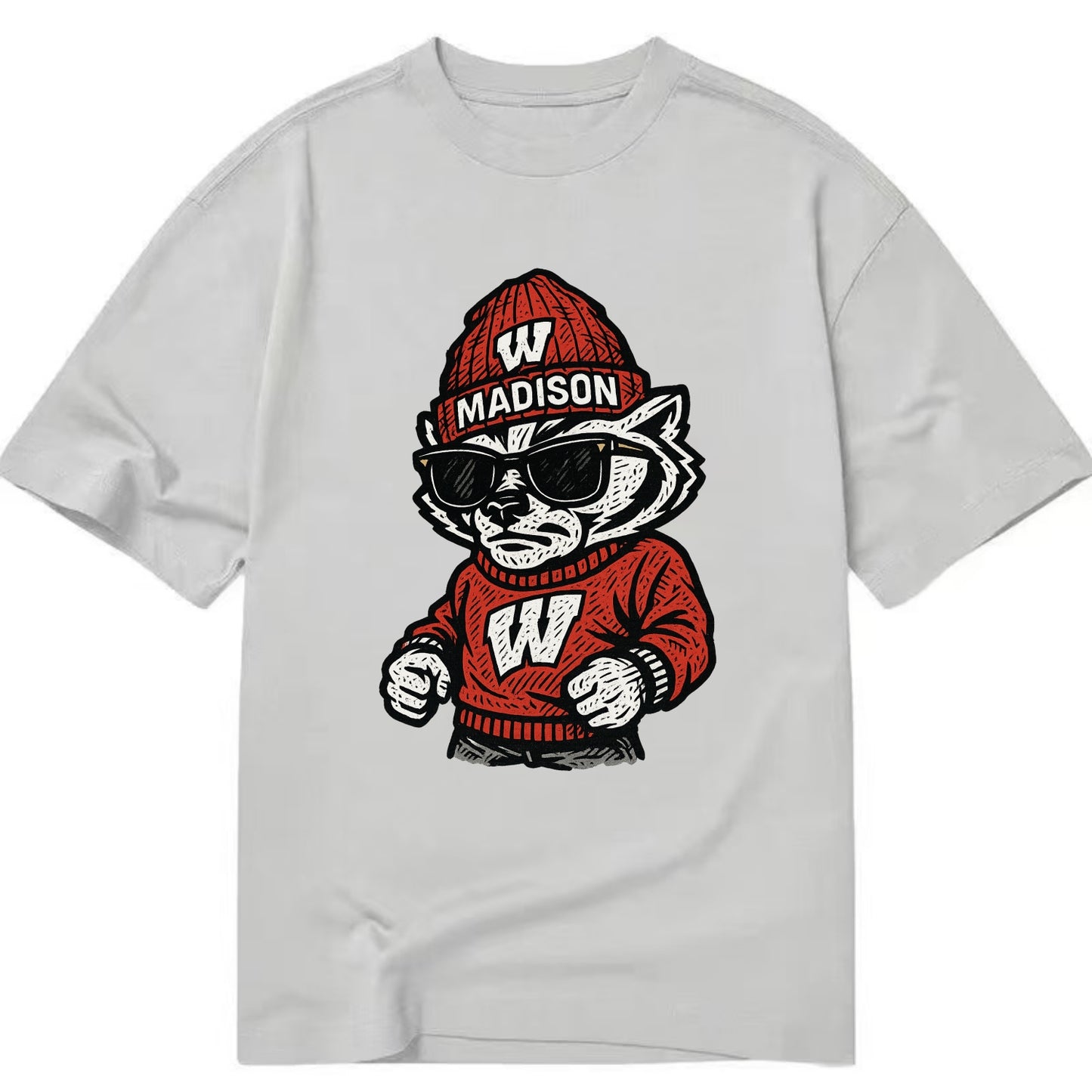 Madison Badger wearing Wisconsin beanie with motion W patch - Classic T-shirt - Grey