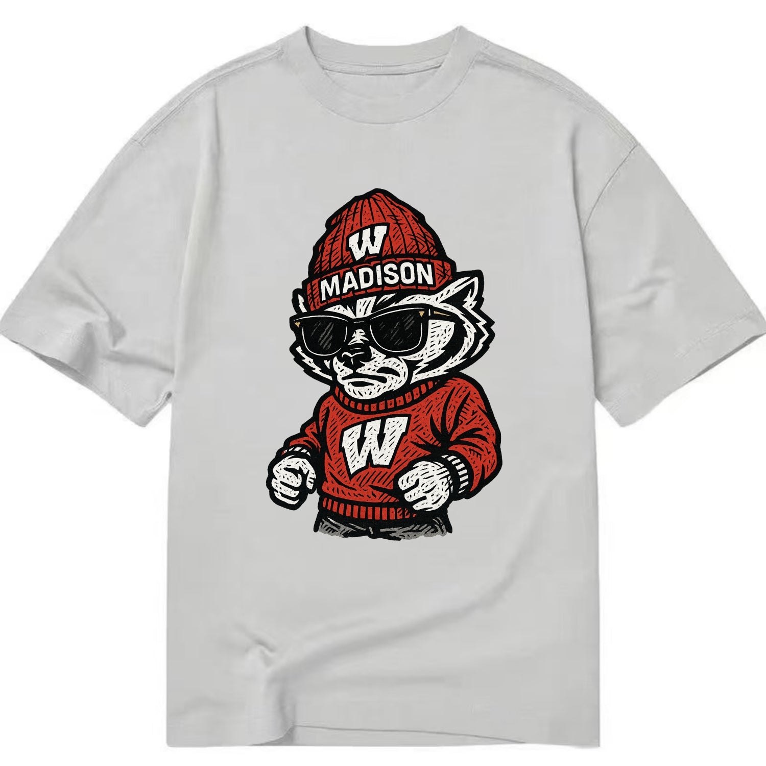 Madison Badger wearing Wisconsin beanie with motion W patch - Classic T-shirt - Grey