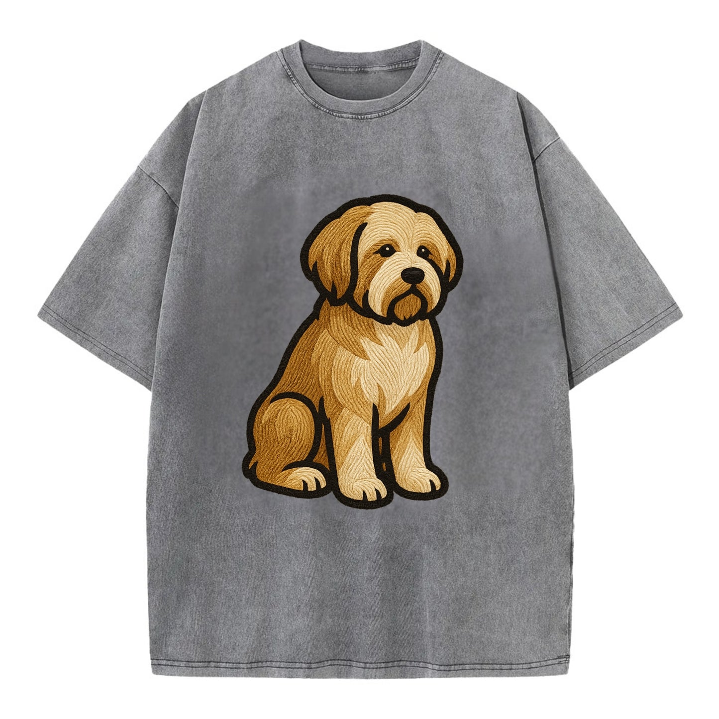Tibetan Terrier - Gold and white embroidered sitting pose - Vintage T-shirt - Grey