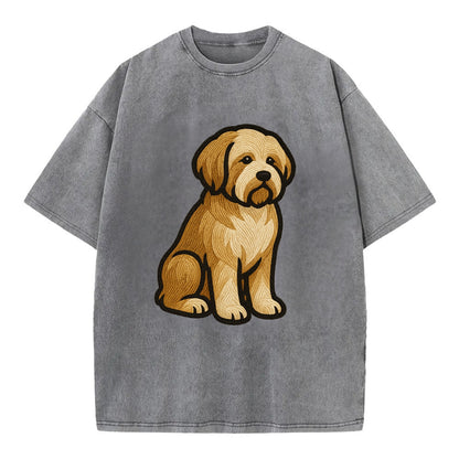 Tibetan Terrier - Gold and white embroidered sitting pose - Vintage T-shirt - Grey