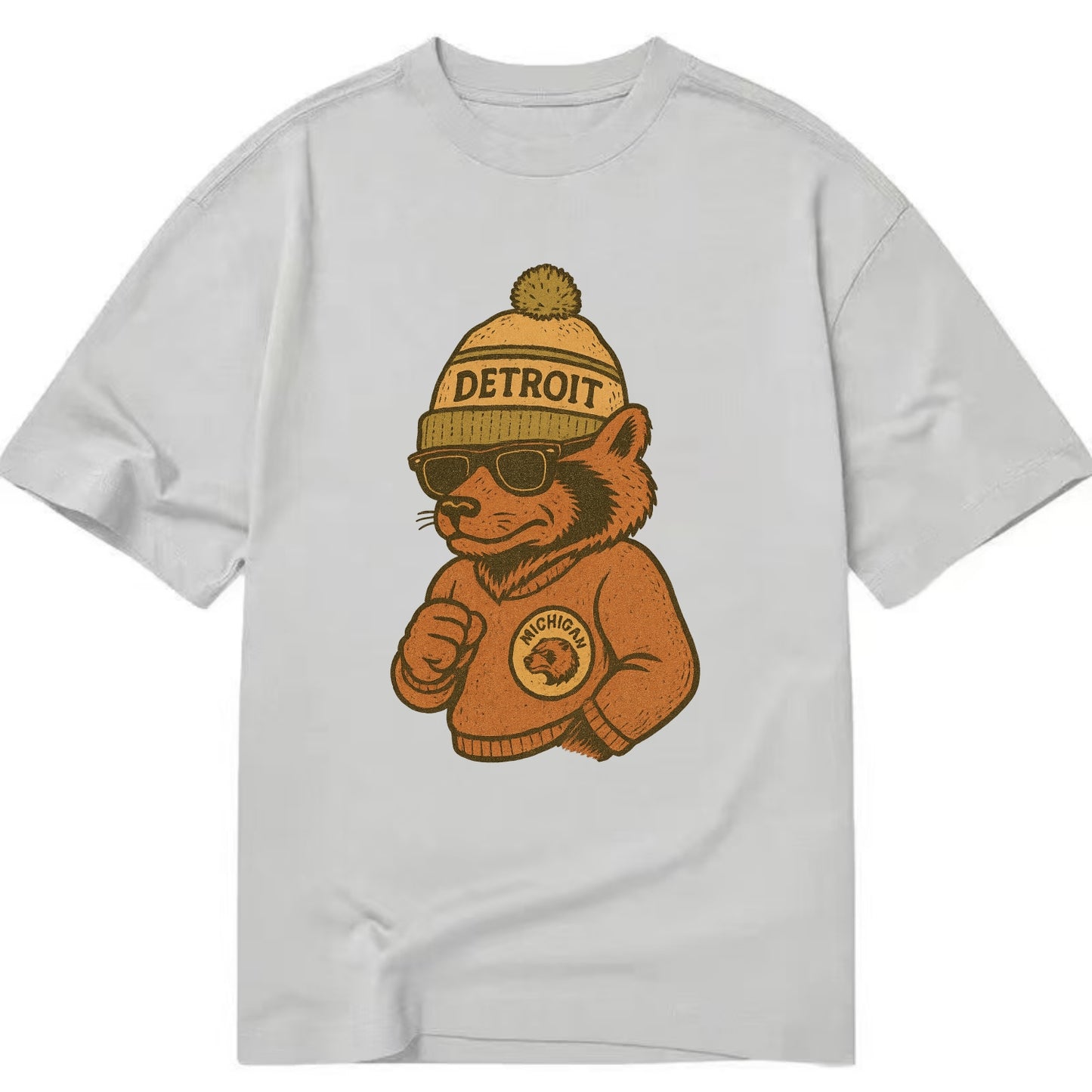 Michigan Wolverine wearing Detroit beanie with pom pom and wayfarer sunglasses - Classic T-shirt - Grey
