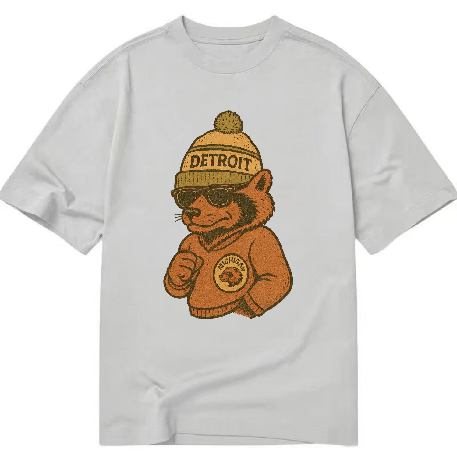 Michigan Wolverine wearing Detroit beanie with pom pom and wayfarer sunglasses - Classic T-shirt - Grey