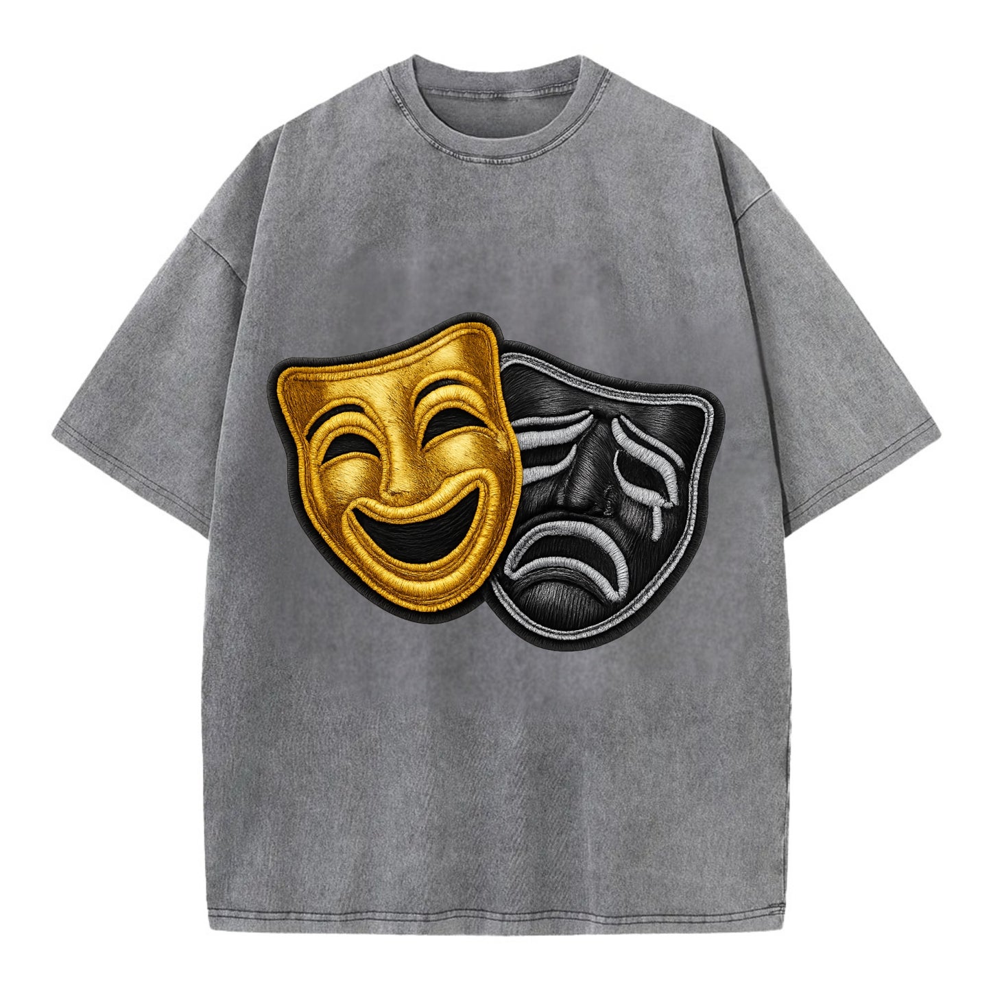 BROADWAY MASKS - comedy tragedy masks in gold and black , theater - Vintage T-shirt - Grey