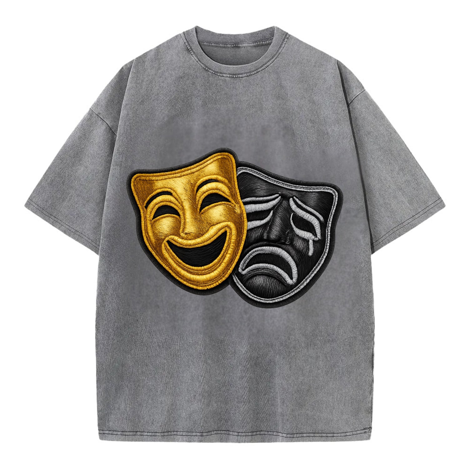 BROADWAY MASKS - comedy tragedy masks in gold and black , theater - Vintage T-shirt - Grey