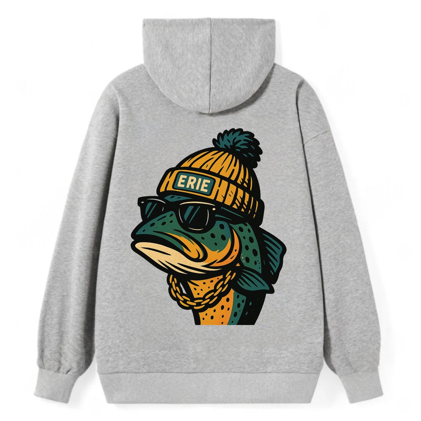 Erie Lake Trout wearing Erie beanie with pom pom and wayfarer sunglasses - Classic Pullover Hoodie - Grey