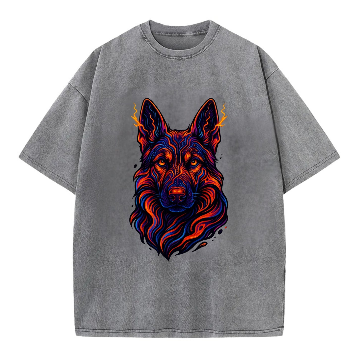 Alert German Shepherd with cyber circuit patterns in the fur, neon orange and - Vintage T-shirt - Grey