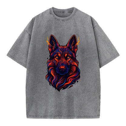 Alert German Shepherd with cyber circuit patterns in the fur, neon orange and - Vintage T-shirt - Grey