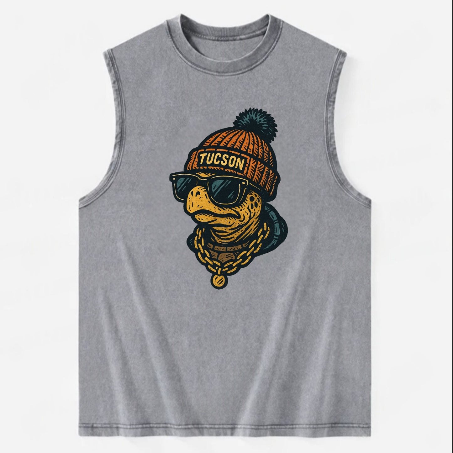 Tucson Desert Tortoise wearing Tucson beanie with pom pom and wayfarer - Vintage Washed Tank - Grey