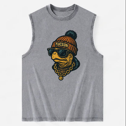 Tucson Desert Tortoise wearing Tucson beanie with pom pom and wayfarer - Vintage Washed Tank - Grey