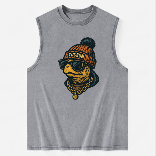 Tucson Desert Tortoise wearing Tucson beanie with pom pom and wayfarer - Vintage Washed Tank
