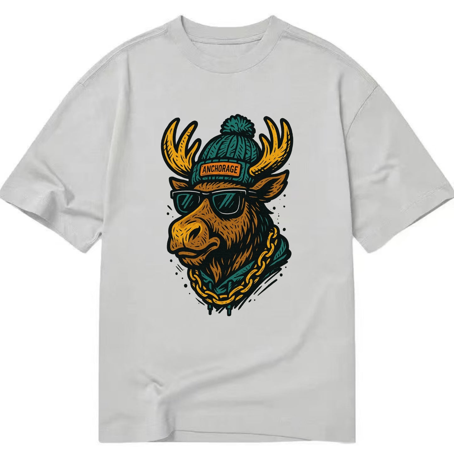Alaska Moose wearing Anchorage beanie with pom pom and wayfarer sunglasses - Classic T-shirt - Grey