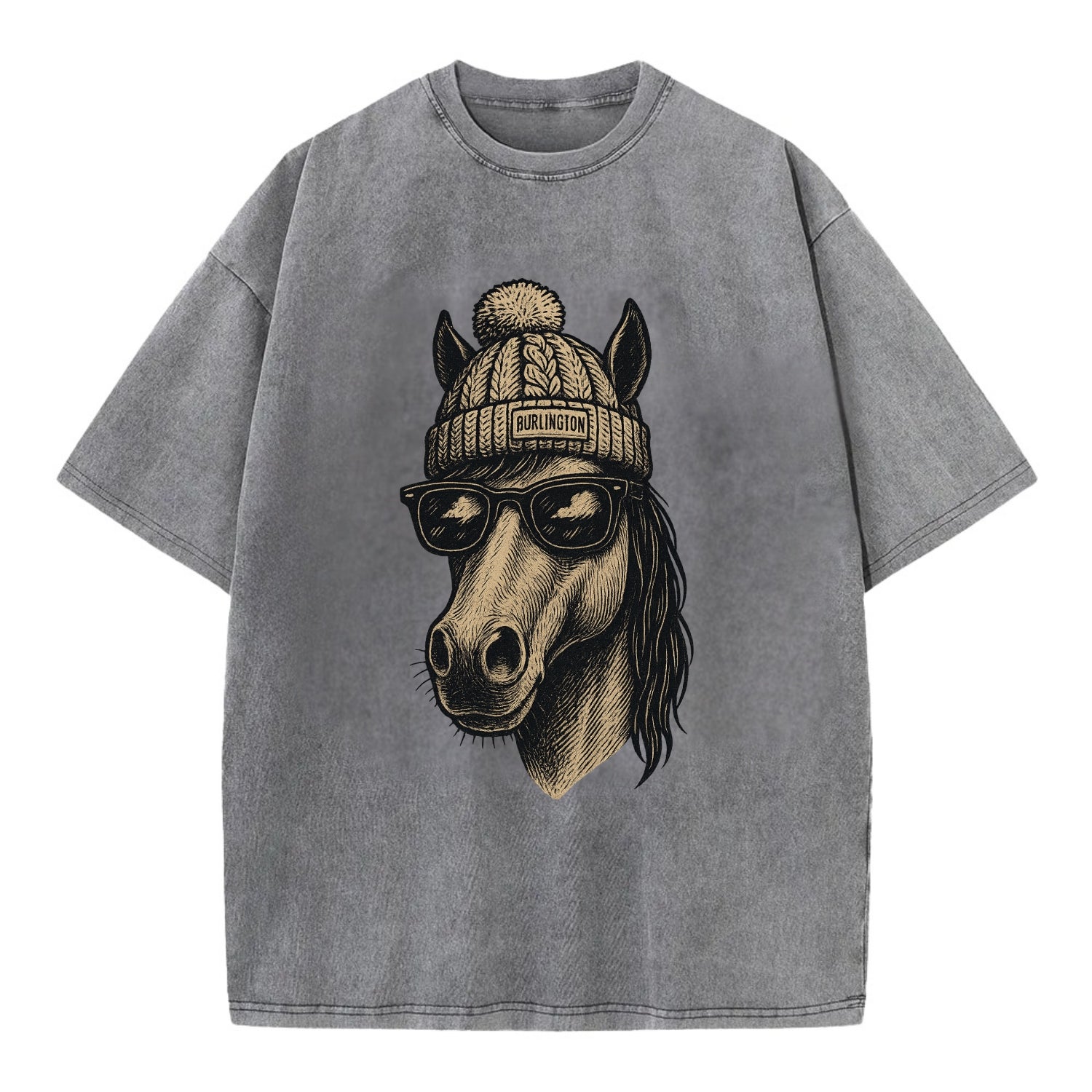 Vermont Morgan Horse wearing Burlington beanie with pom pom and wayfarer - Vintage T-shirt - Grey