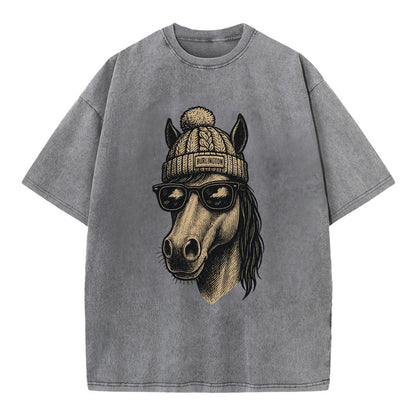 Vermont Morgan Horse wearing Burlington beanie with pom pom and wayfarer - Vintage T-shirt - Grey