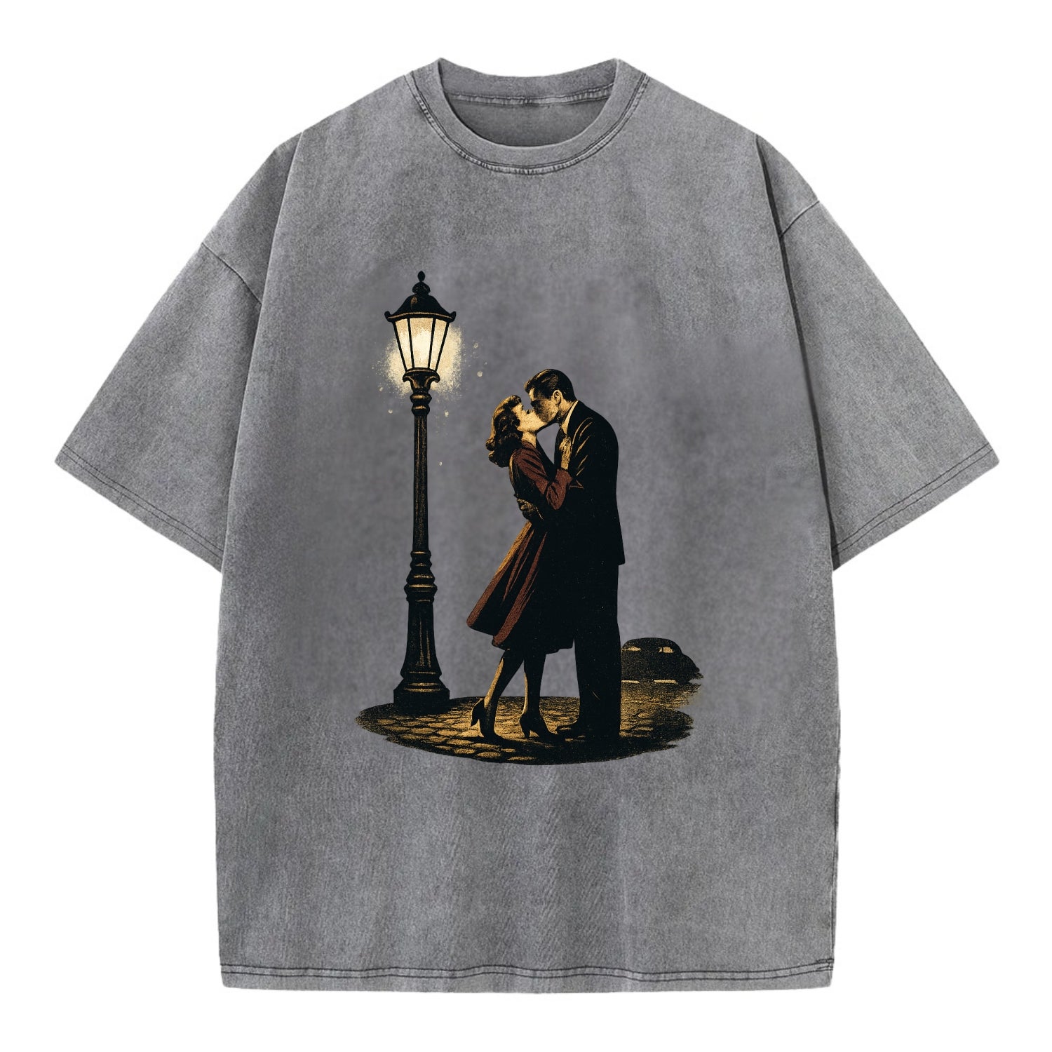 first kiss under vintage street lamp on cobblestone at night - Vintage T-shirt - Grey