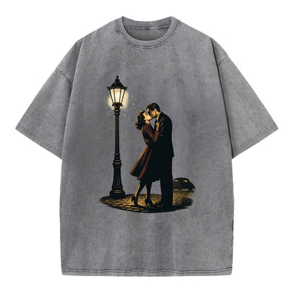 first kiss under vintage street lamp on cobblestone at night - Vintage T-shirt - Grey