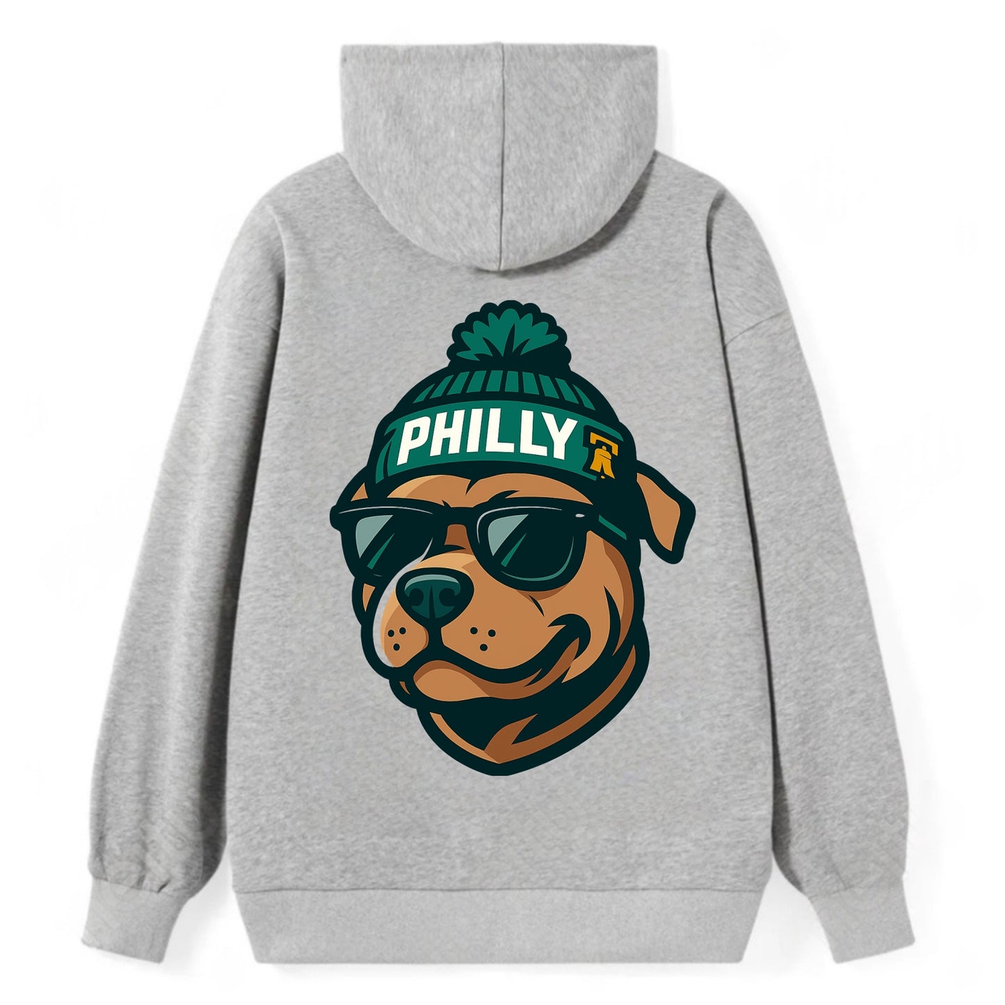 Philly Pitbull wearing Eagles beanie with Liberty Bell patch and wayfarer - Classic Pullover Hoodie - Grey