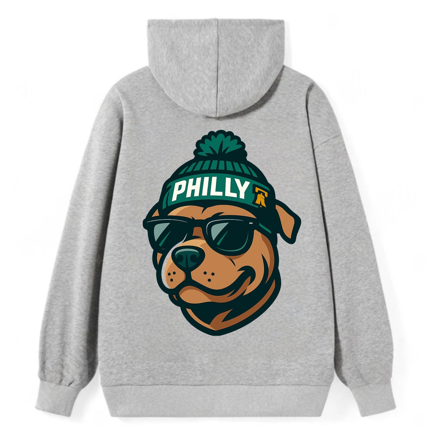 Philly Pitbull wearing Eagles beanie with Liberty Bell patch and wayfarer - Classic Pullover Hoodie - Grey