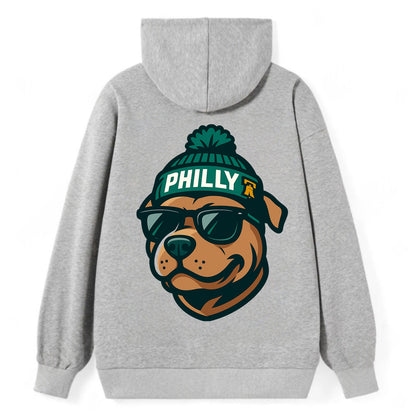 Philly Pitbull wearing Eagles beanie with Liberty Bell patch and wayfarer - Classic Pullover Hoodie - Grey