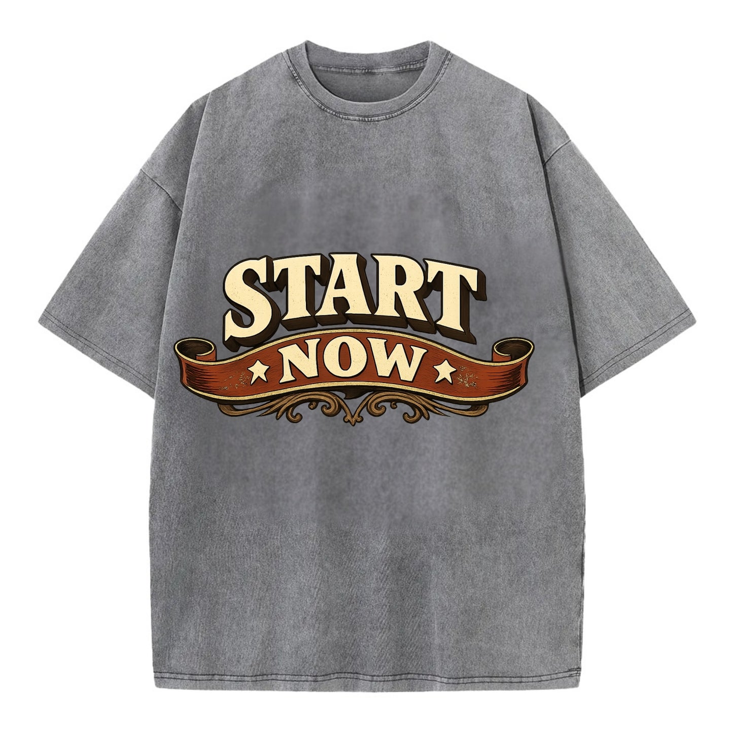 Bold typography design - "START NOW" - begin immediately, no delay - Vintage T-shirt - Grey