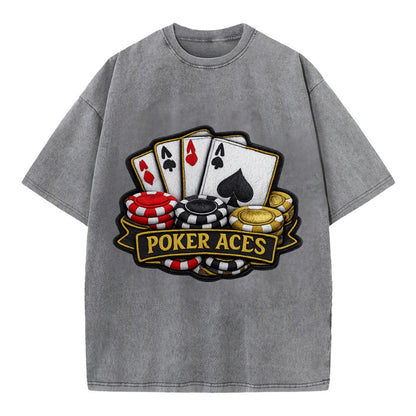Embroidered patch design - POKER ACES - four aces with chips in red, black and - Vintage T-shirt - Grey