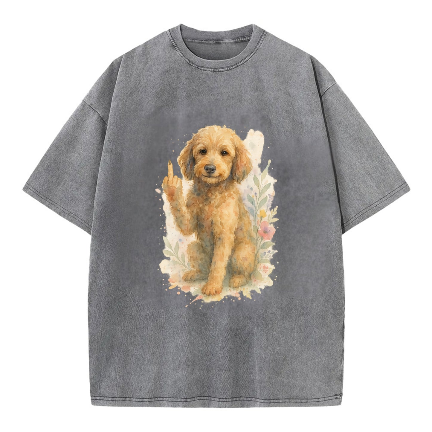 Labradoodle hypoallergenic with wavy coat, intelligent eyes, paw raised - Vintage T-shirt - Grey