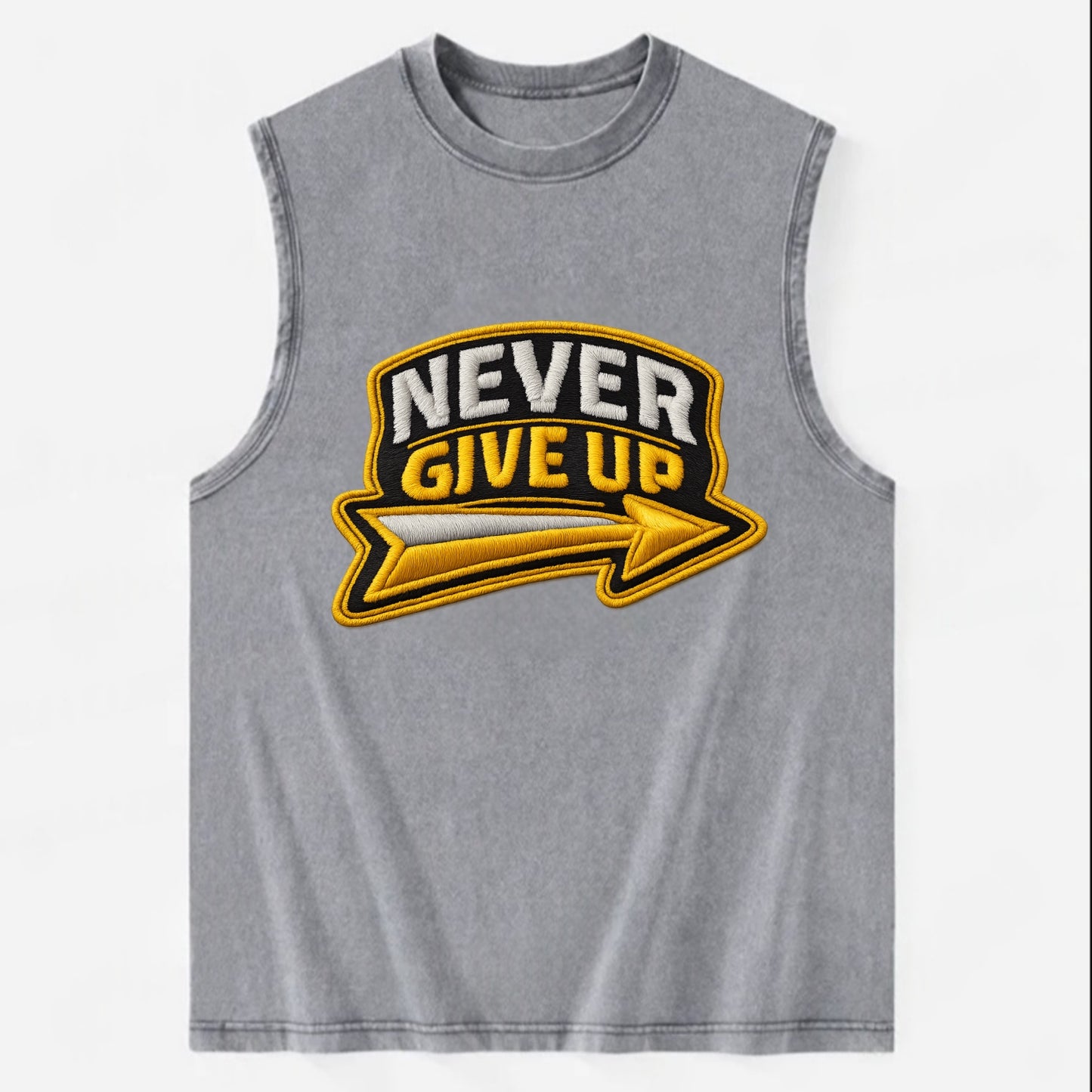 NEVER GIVE UP - bold text with arrow in gold , determination - Vintage Washed Tank - Grey