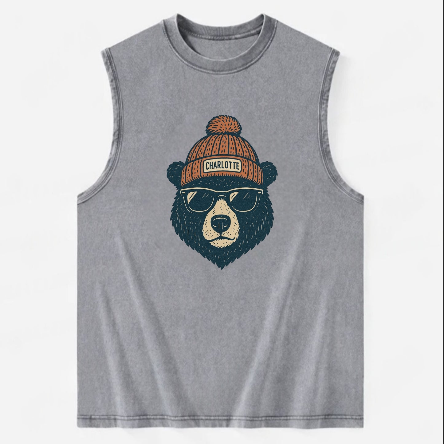 North Carolina Black Bear wearing Charlotte beanie with pom pom and wayfarer - Vintage Washed Tank - Grey