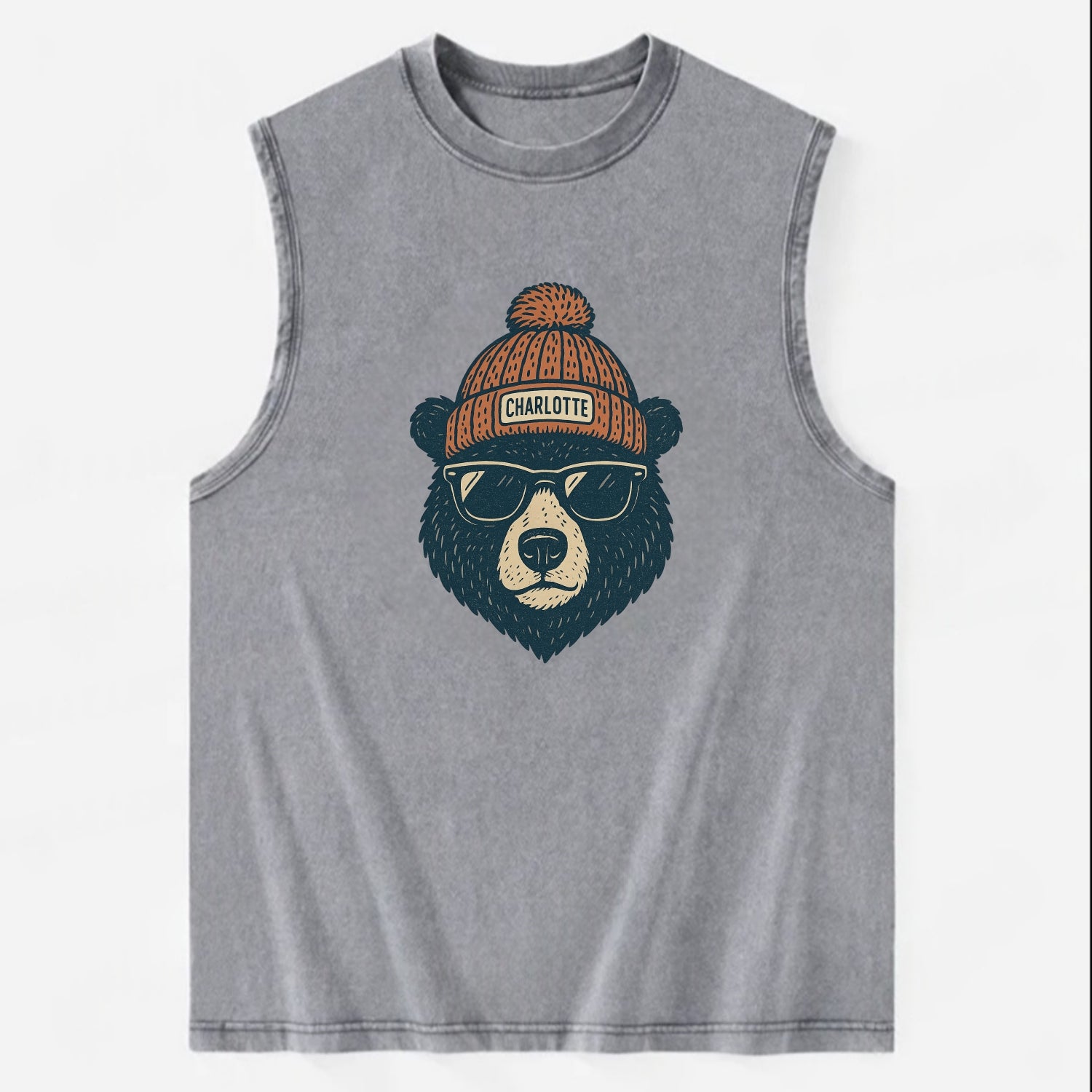 North Carolina Black Bear wearing Charlotte beanie with pom pom and wayfarer - Vintage Washed Tank - Grey