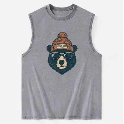 North Carolina Black Bear wearing Charlotte beanie with pom pom and wayfarer - Vintage Washed Tank - Grey