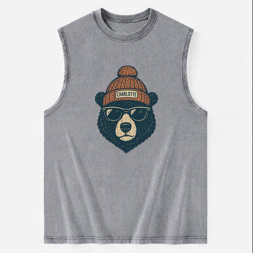 North Carolina Black Bear wearing Charlotte beanie with pom pom and wayfarer - Vintage Washed Tank
