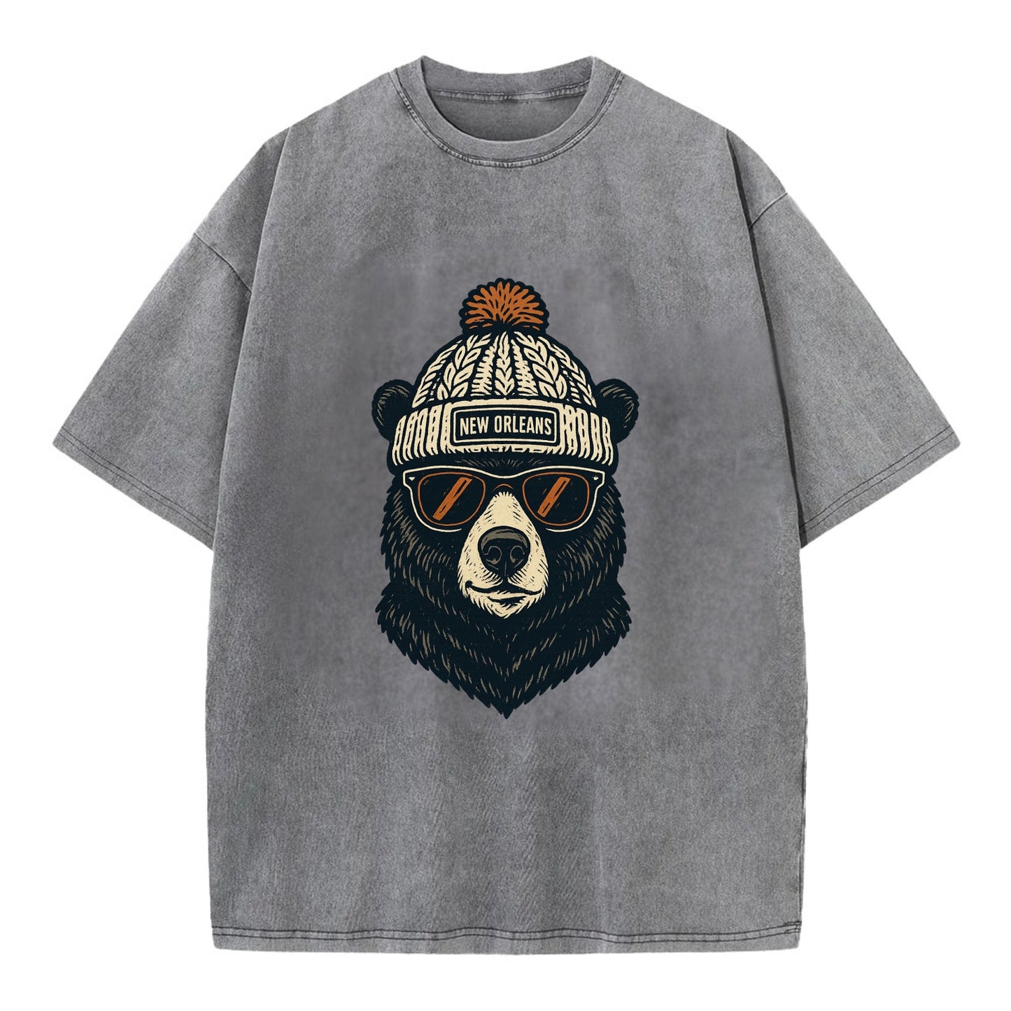 Louisiana Black Bear wearing New Orleans beanie with pom pom and wayfarer - Vintage T-shirt - Grey