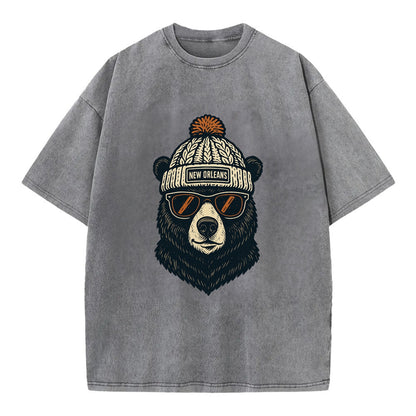 Louisiana Black Bear wearing New Orleans beanie with pom pom and wayfarer - Vintage T-shirt - Grey