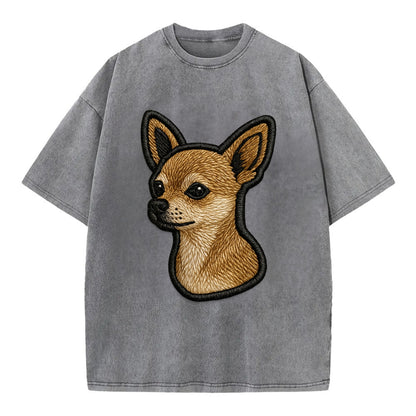 Chihuahua - Modern tiny dog logo with bo - Vintage T-shirt - Grey