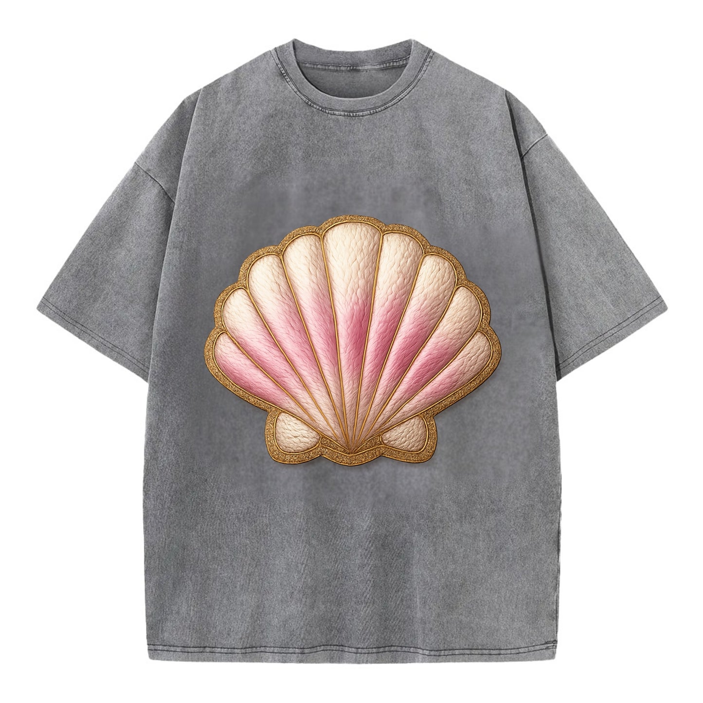 SEASHELL SCALLOP - scallop shell in cream and pink , beach - Vintage T-shirt - Grey